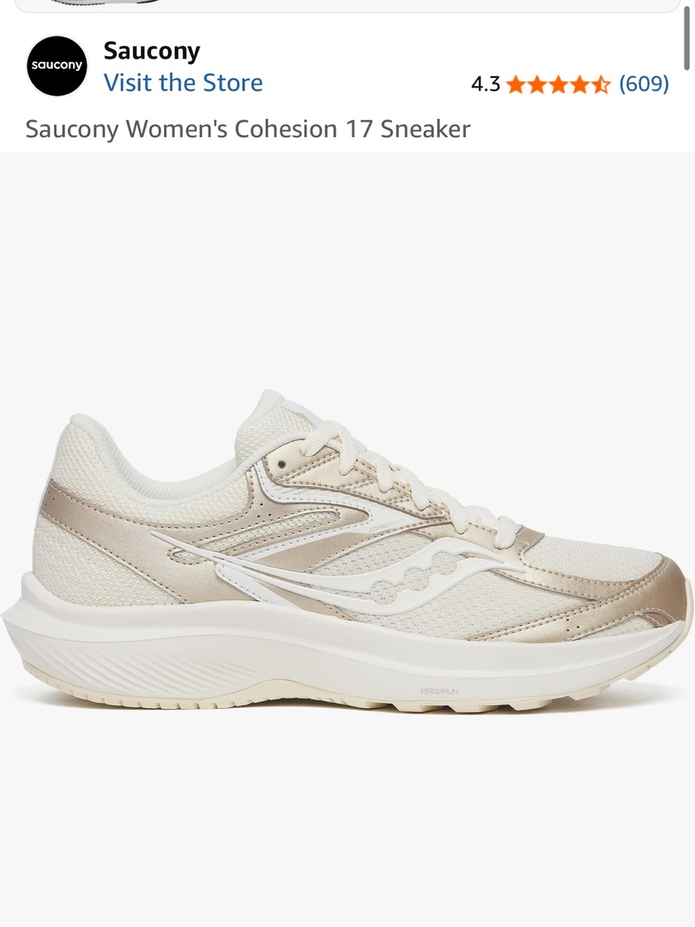 Saucony Women's Cohesion 17 Sneaker in Cream and Beige Metallic